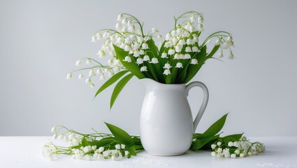 White blossoms in a container against a white backdrop. Styled image.