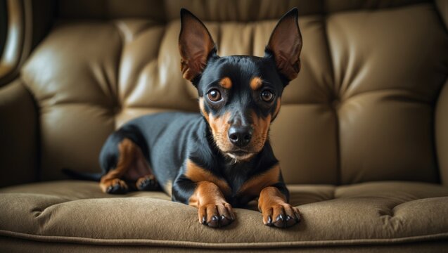 Small breed pinscher resting on a sofa