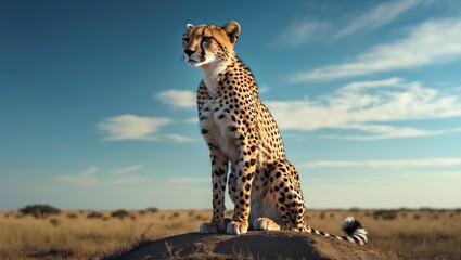 A feline, possibly a cheetah or leopard, observes the surroundings from a mound in Africa's savannahs