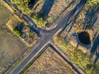 Looking down on an intersection of country roads