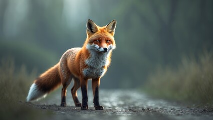 Fototapeta premium Sharp close-up of a fox in a stationary pose, gazing into the distance with a blurry outdoor backdrop