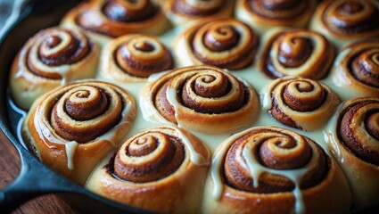 Fototapeta premium A detailed view of a skillet filled with freshly baked cinnamon rolls.