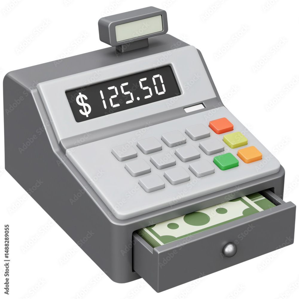 Poster cash register displaying amount with money in drawer isolated on a transparent background