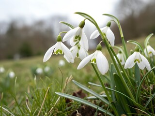 A snowdrop flowers growing among green grass. A bunch of white flowers with green leaves are in field. The flowers are in full bloom and are scattered throughout the field.