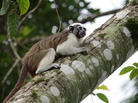 Silvery brown bare face tamarin white footed tamarin resting on tree trunk. A monkey is sitting on a tree branch. The monkey is brown and white.