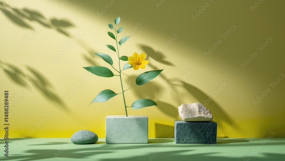 Poster on a yellow backdrop with natural shadow leaf, two stone blocks adorned with flowers and leaves. emp