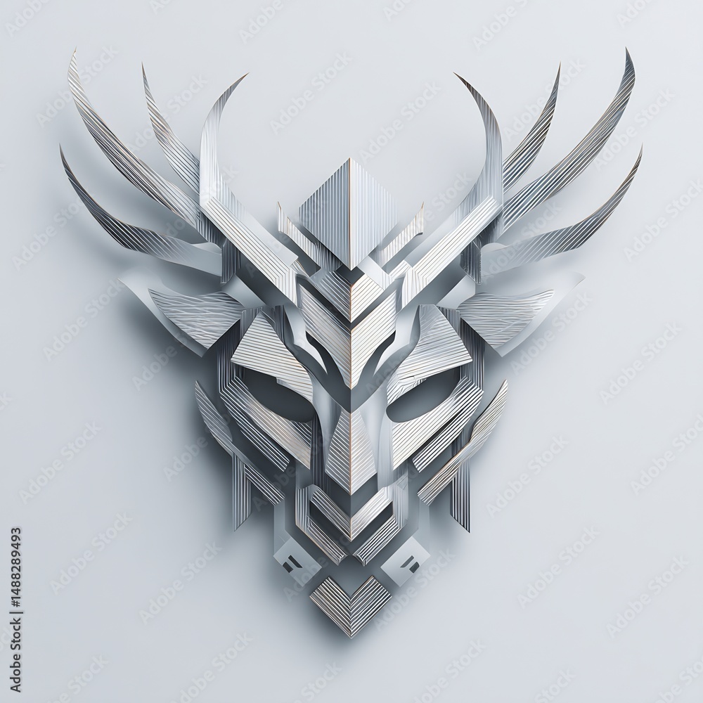 Poster symmetrical abstract creature crafted from layered elements on a soft backdrop