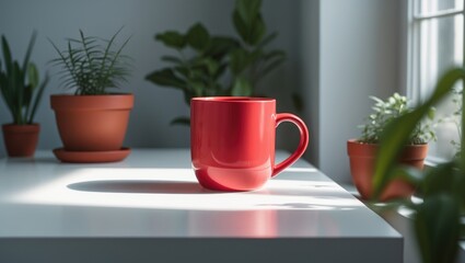 Design mockup of a red ceramic mug placed on a white tabletop