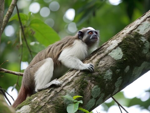 Silvery brown bare face tamarin white footed tamarin resting on tree trunk. A monkey is sitting on a tree branch. The monkey is brown and white. - Powered by Adobe