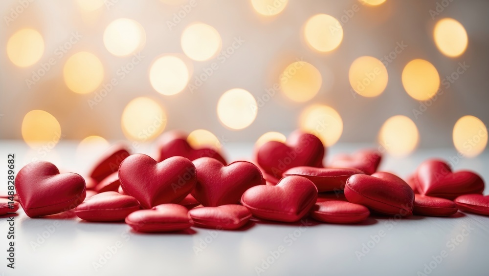 Poster close-up view of red hearts on a white tabletop with blurred lights in the background.