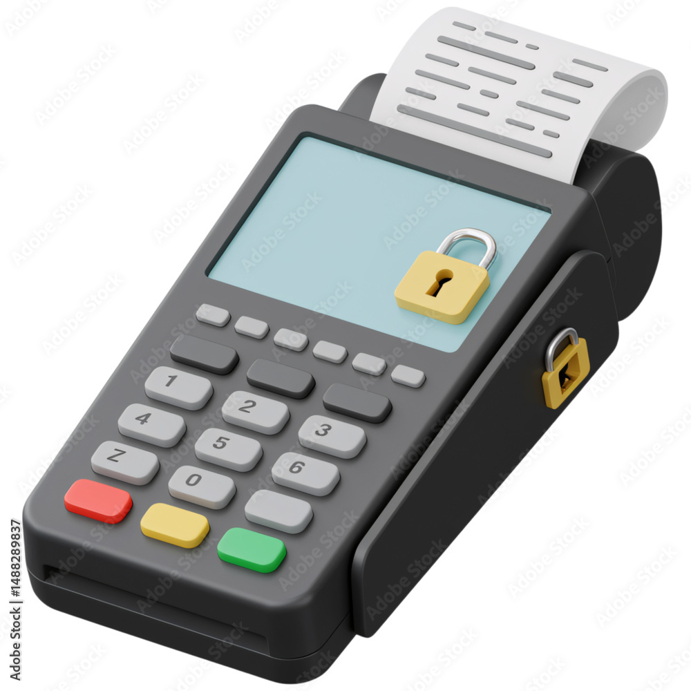 Poster payment terminal with a padlock isolated on a transparent background