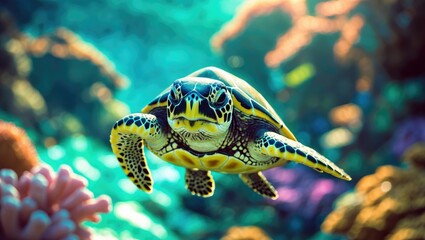 A charming, untamed green sea turtle gliding through warm tropical waters alongside a coral reef