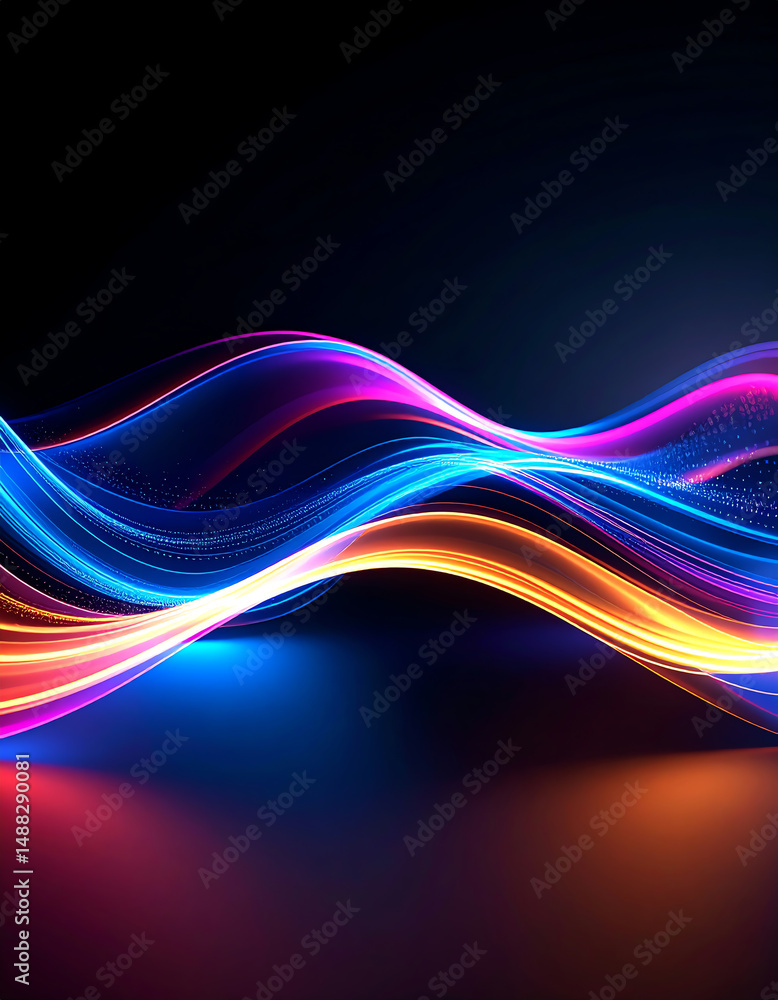 Poster vibrant, flowing waves of light in various colors create a dynamic visual effect against a dark back
