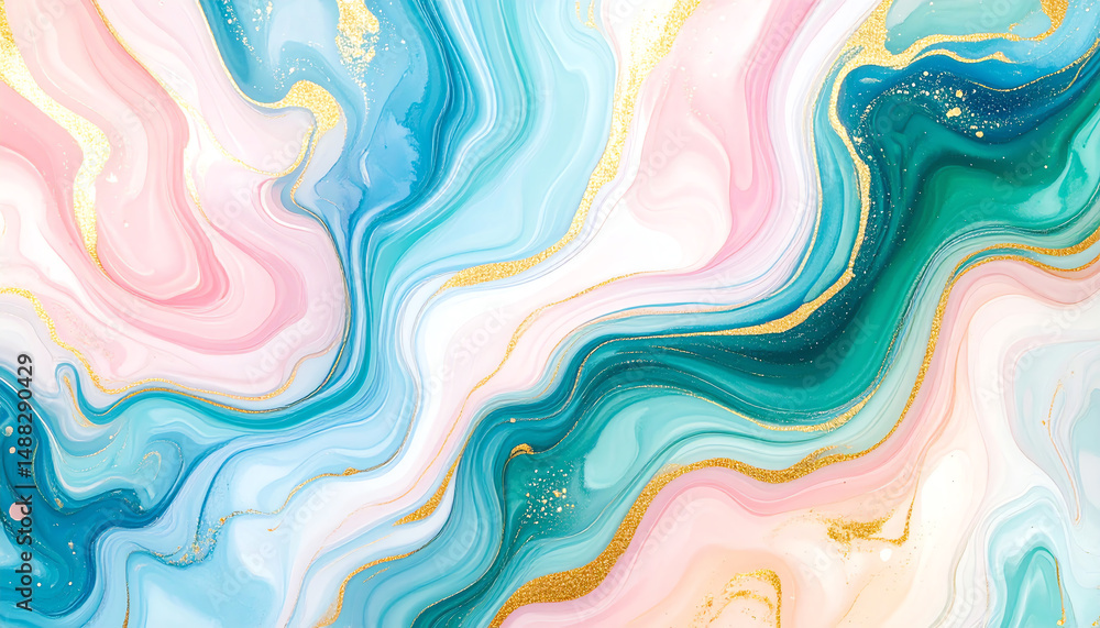 Poster swirling abstract patterns in soft pastel colors with gold accents create a serene and artistic visu
