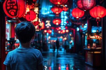 Obraz premium Child gazing at vibrant Chinatown lanterns