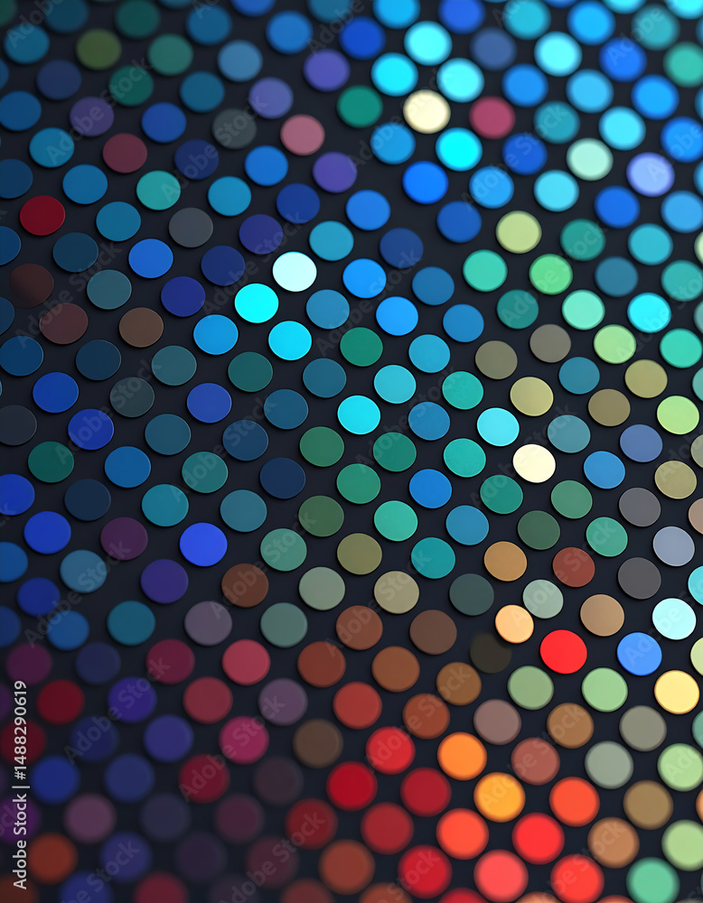 Poster a vibrant array of circular color swatches arranged in a grid, showcasing a spectrum of hues against