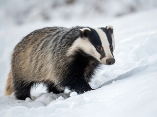 Obraz premium Badger isolated on snow background. A badger is walking through the snow. The badger is brown and white.