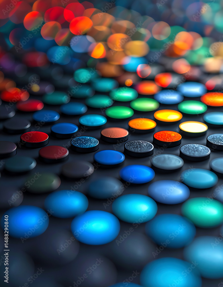 Poster a vibrant array of circular color palettes, showcasing an artistic blend of hues and textures agains