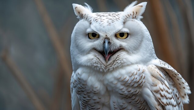 A yawning snowy owl looks as if it's chuckling. - Powered by Adobe