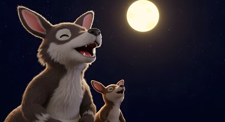 Werewolf kangaroo howling at the moon with tiny joey howling too, humorous style in a night scene illustration