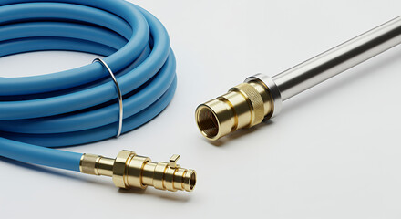Industrial borehole drilling components featuring a blue hose and brass fittings on a clean background