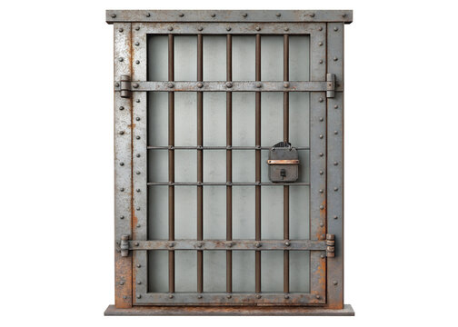 A metal prison cell door with bars isolated on transparent background. A metal door with bars and a lock is shown. The bars are rusted and the lock is also rusted.