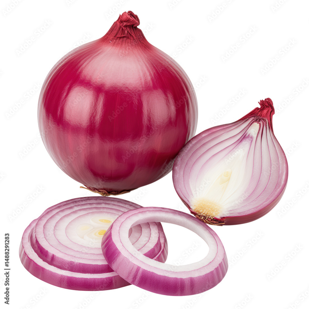 Poster red onion whole half and slices isolated on transparent background