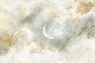 A serene crescent moon hangs against a textured backdrop of soft, watercolor-like clouds in soothing neutral tones.