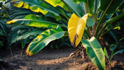Banana foliage turning yellow at tips and margins due to environmental factors