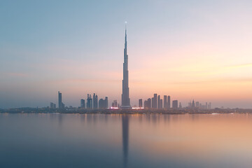 Naklejka premium Dubai Skyline Sunrise Reflection.