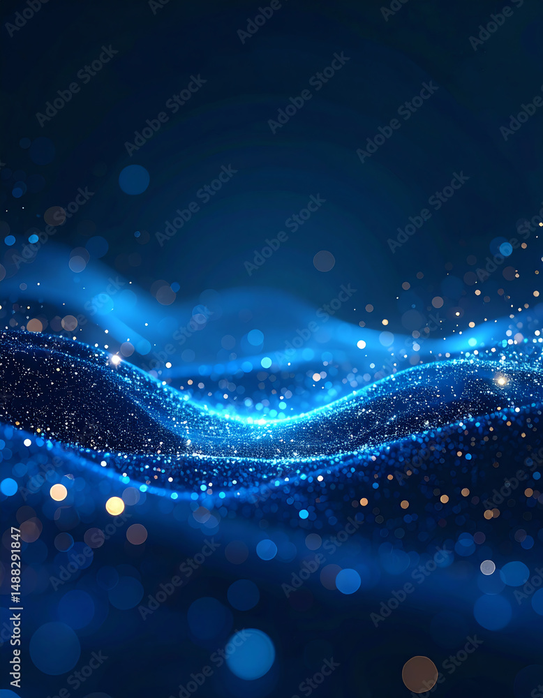 Poster a mesmerizing abstract scene of glowing blue waves illuminated by shimmering particles against a dar