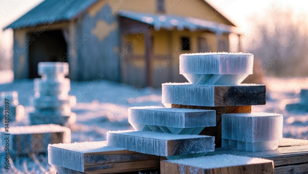 Poster winter morning beauty depicted through frost-covered wooden blocks and planks in a rustic setting, s