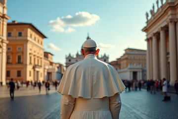 Figure in white robes facing crowd in European city square.