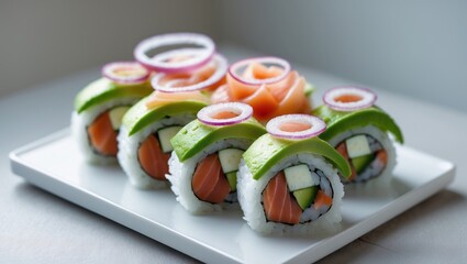 Japanese sushi - Green dragon. Avocado, onion, salmon, and sushi cheese. Aerial perspective