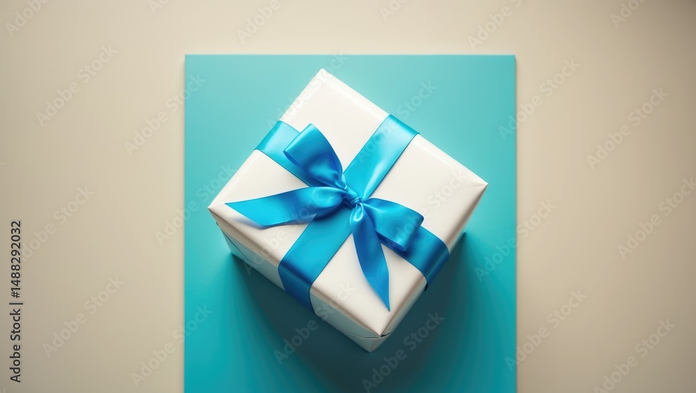 Aufkleber event design scheme - bird's eye view of setup with gift box on beige canvas, blank space for mock u