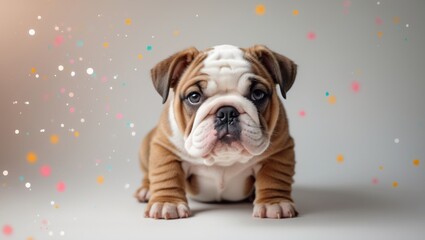 English bulldog puppy. adorable dog with colored spots in an image. all dog breeds