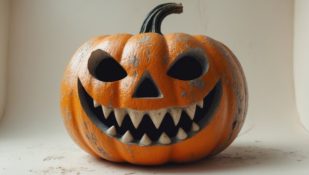 Frightening decaying Halloween jack-o-lantern without light, set against a white backdrop