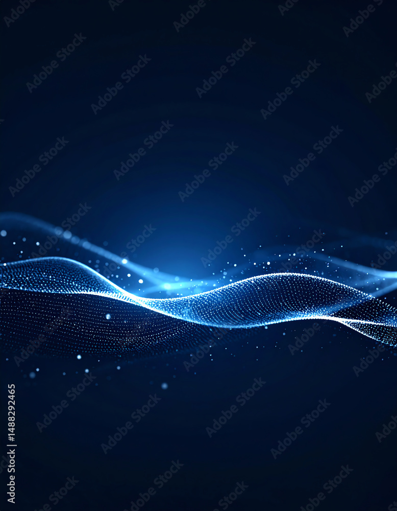 Poster abstract blue waves with glowing particles create a dynamic and futuristic atmosphere, evoking a sen