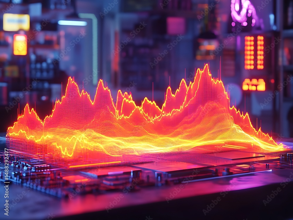 Poster vibrant data analysis visualization on a computer motherboard circuit board