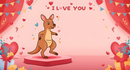 Obraz premium Kangaroo dancing on a valentine-themed stage with “I love you” written above, for festive celebration