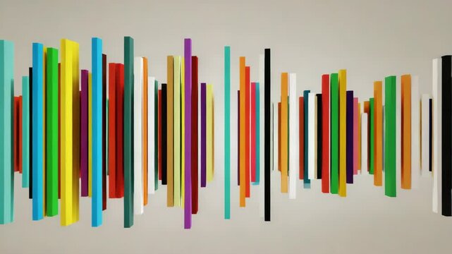 Abstract arrangement of colorful rectangular prisms suspended in a symmetrical row, vibrant, playful