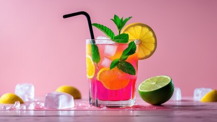 Fototapeta premium Delicious iced tea served with citrus slices and ice on a pink surface