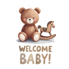 Welcome baby card with plush teddy bear and rocking horse. Baby shower invitation.