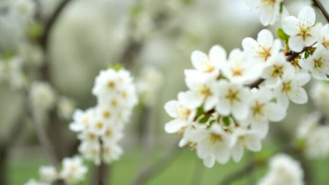 The blooming trees with white flowers in spring. Natural background