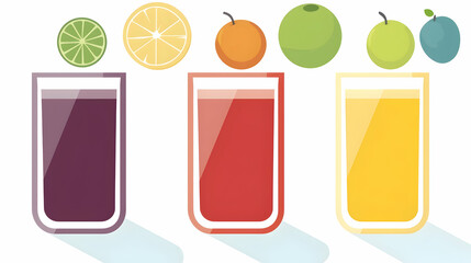 Four glasses of colorful fruit juice with fresh fruit on top.  Perfect for beverage menus or healthy lifestyle websites