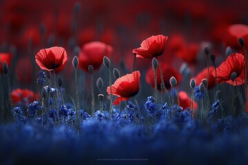 Crimson blossoms amidst hazy sapphire meadow