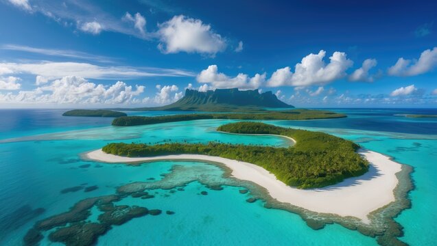 Aerial view of the Bora Bora island group situated northwest of Papeete in the Leeward Islands.