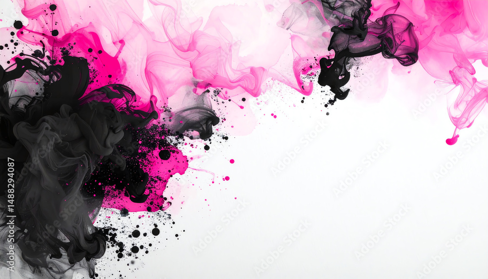 Poster colorful abstract swirl of pink and black ink against a white background, creating a dynamic and art