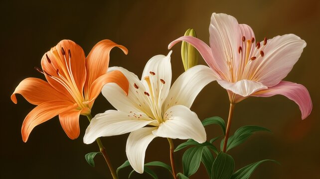 Tres lirios, naranja, blanco y rosa, florecen contra un fondo oscuro.