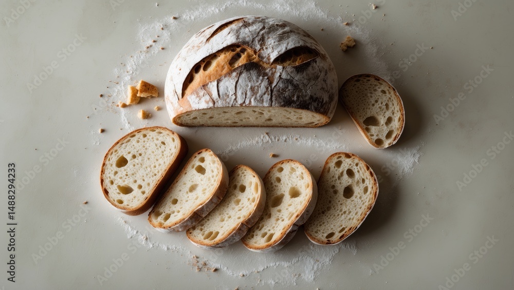 Poster Homemade rye bread slices with crust and crumb details, top view on a clean backdrop